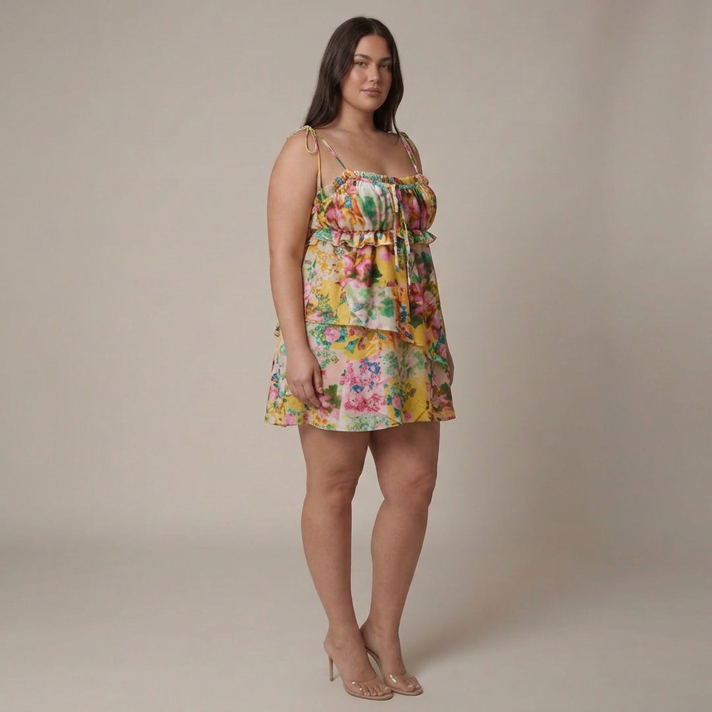 Dames Bloemen Ruffle Mini Jurk met Strik Schouderbanden en Gelaagde Zoom