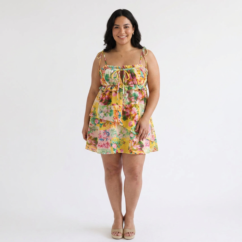 Dames Bloemen Ruffle Mini Jurk met Strik Schouderbanden en Gelaagde Zoom