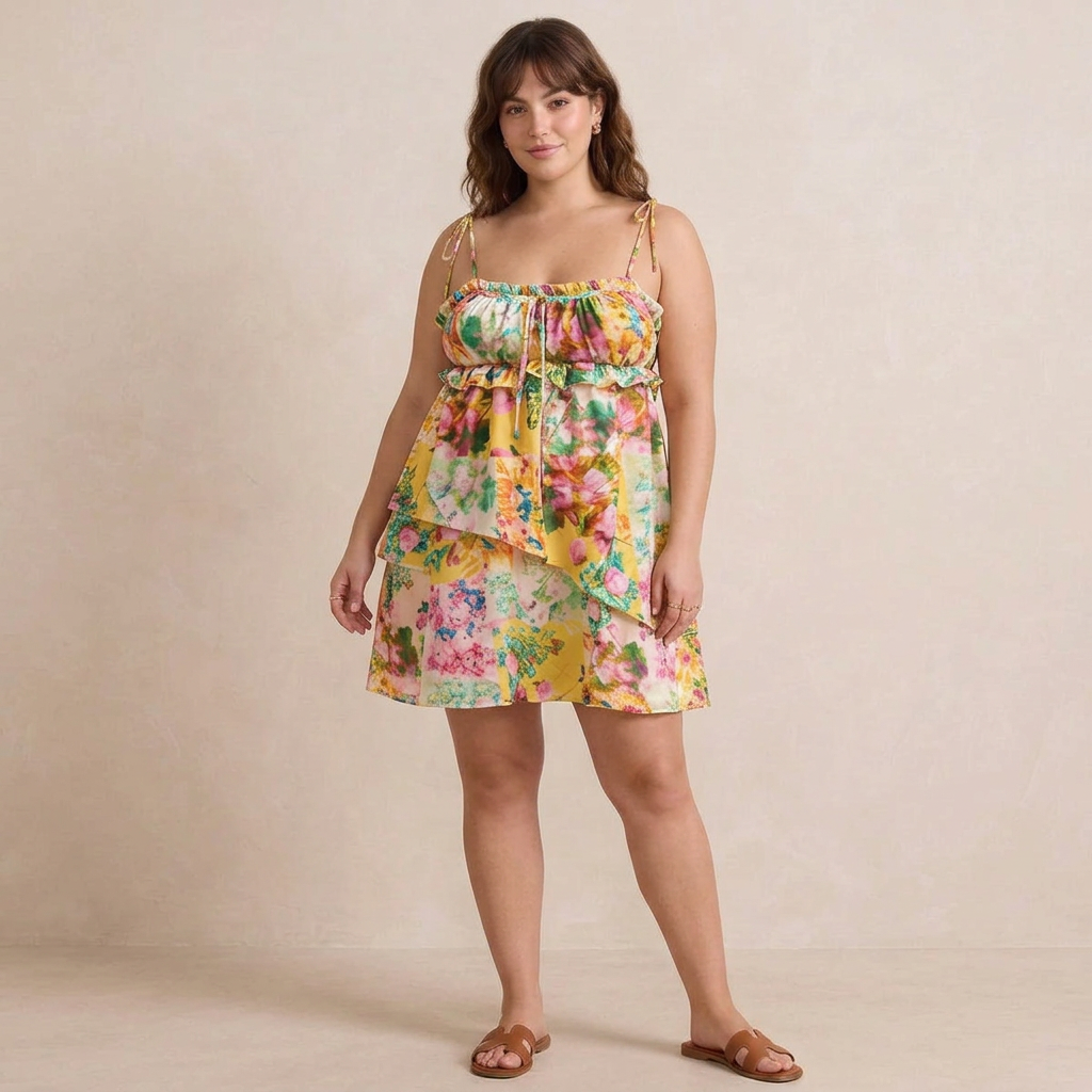 Dames Bloemen Ruffle Mini Jurk met Strik Schouderbanden en Gelaagde Zoom