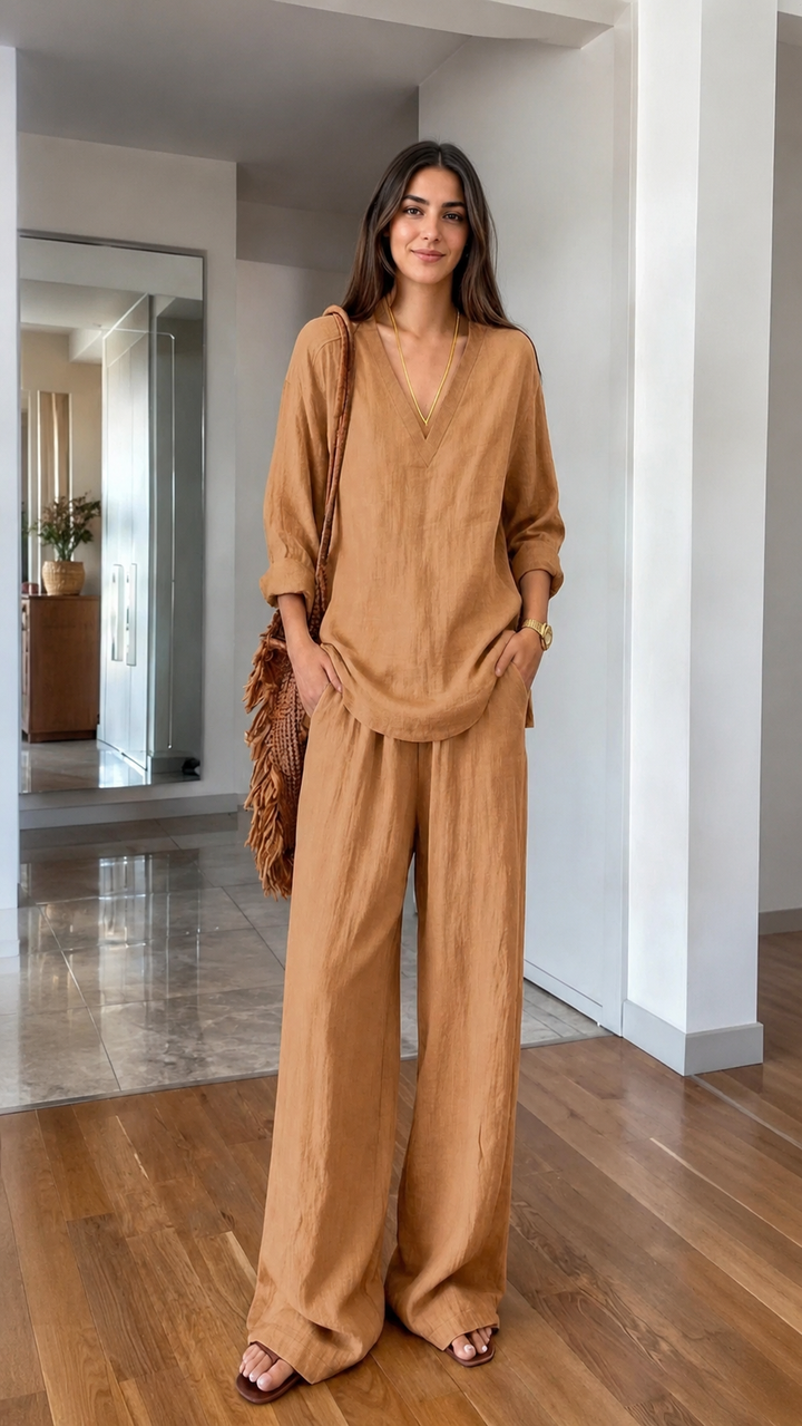 Vrouwen Pants Set met V-hals en Lange Mouwen