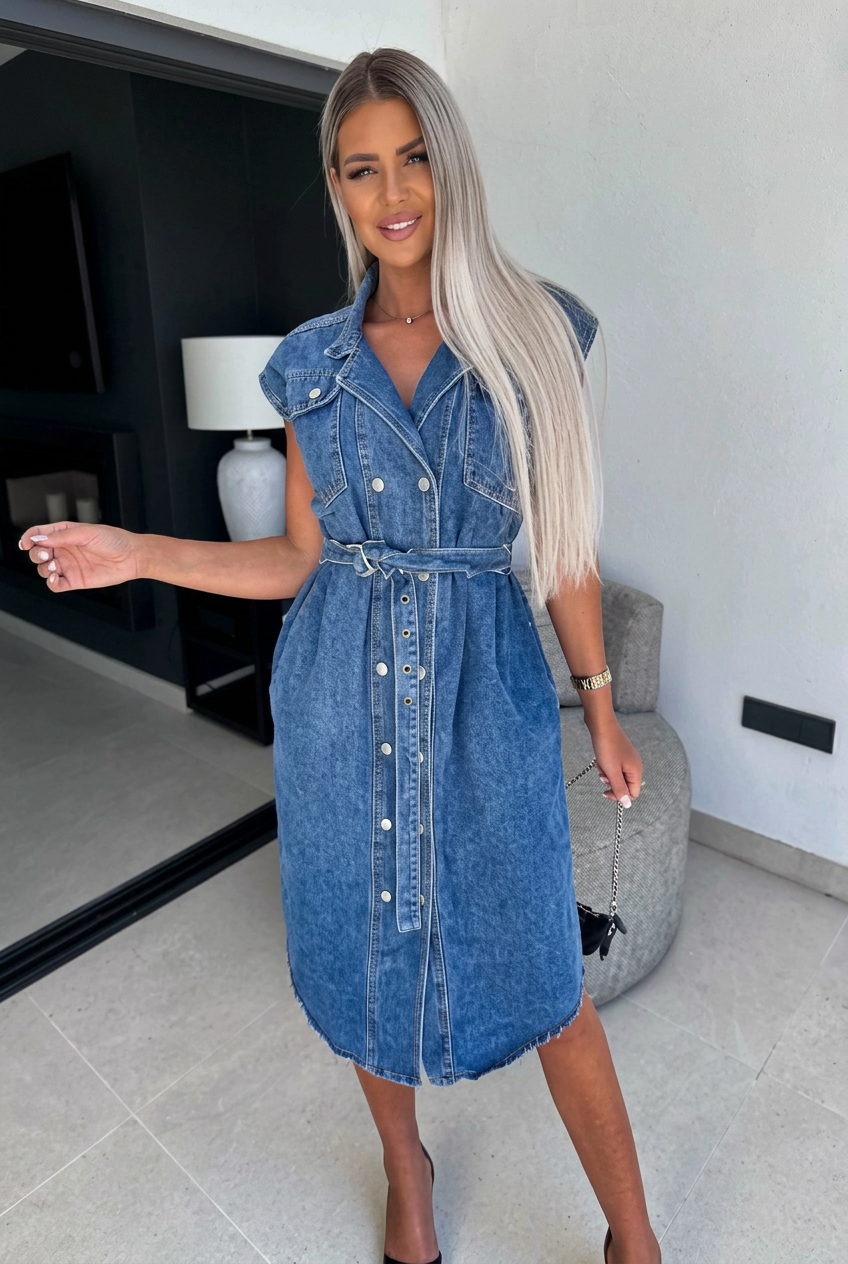 Dames Mouwloze Denim Shirt Jurk met Strikceintuur