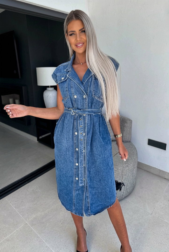 Dames Mouwloze Denim Shirt Jurk met Strikceintuur