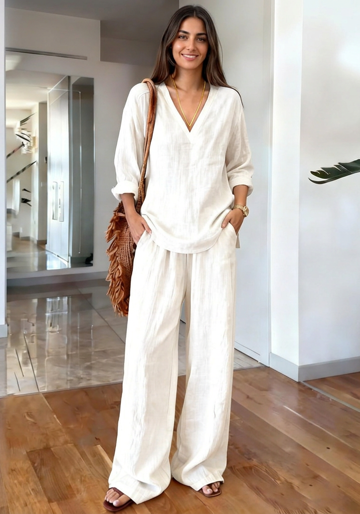 Vrouwen Pants Set met V-hals en Lange Mouwen