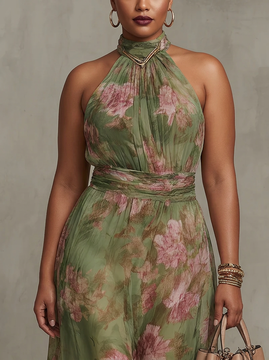 Amity | Groene Bloemen Chiffon Halter Maxi Jurk