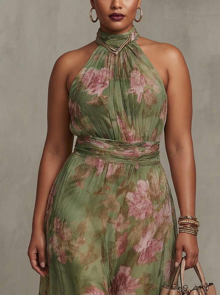 Amity | Groene Bloemen Chiffon Halter Maxi Jurk