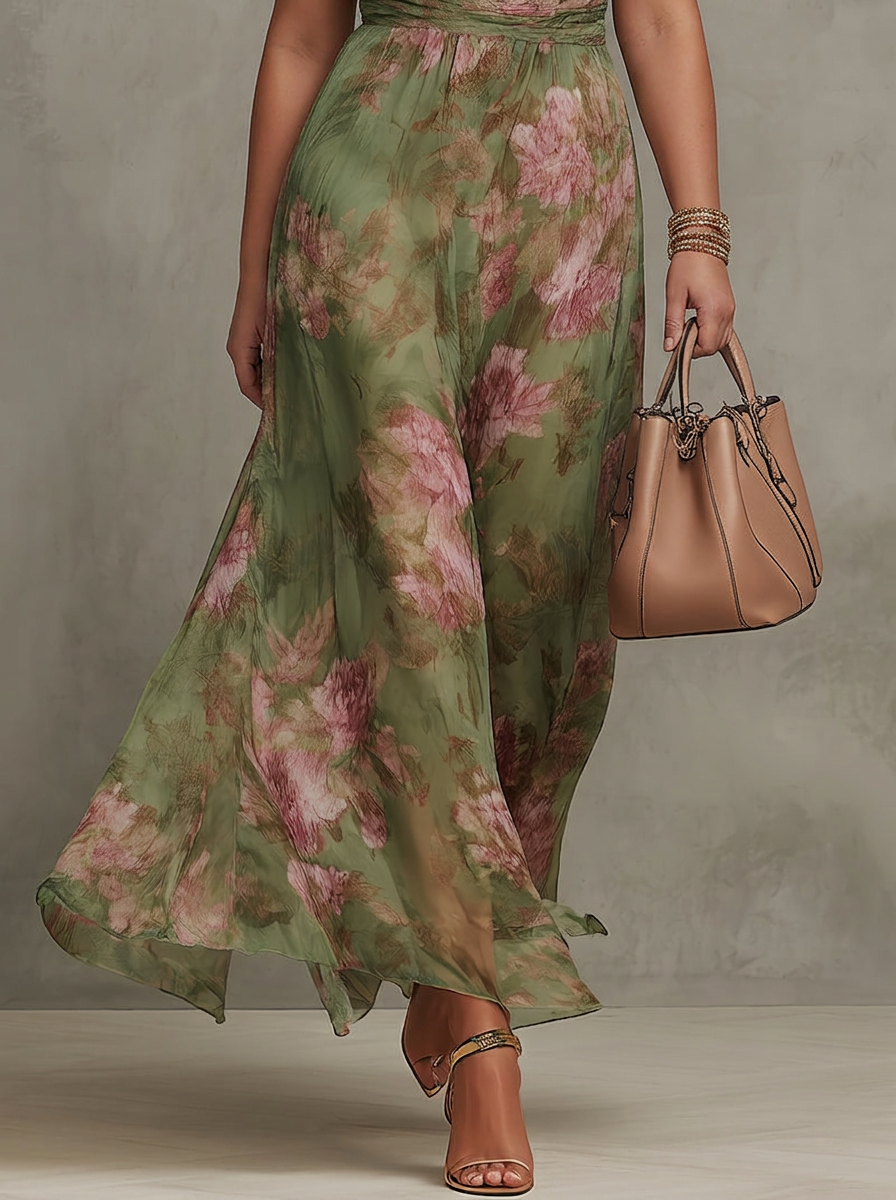 Amity | Groene Bloemen Chiffon Halter Maxi Jurk