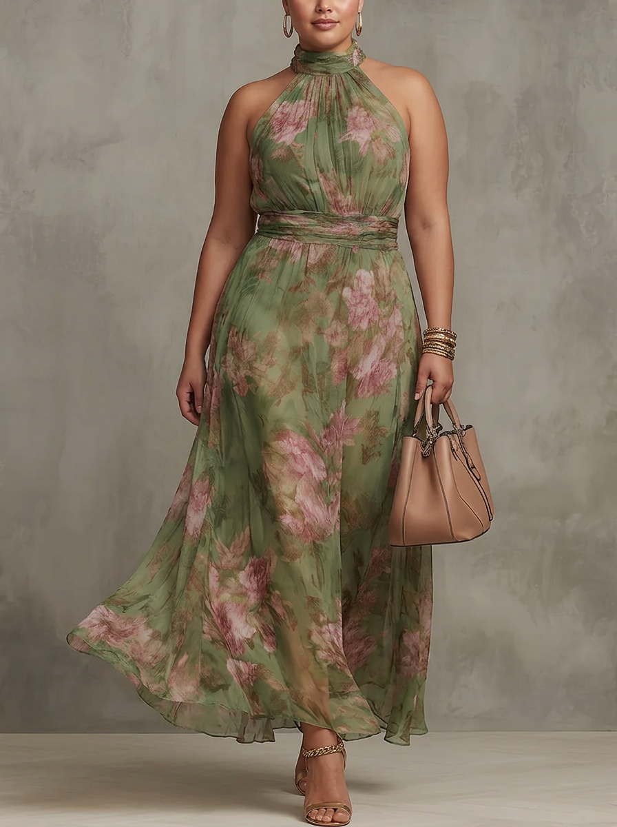 Amity | Groene Bloemen Chiffon Halter Maxi Jurk