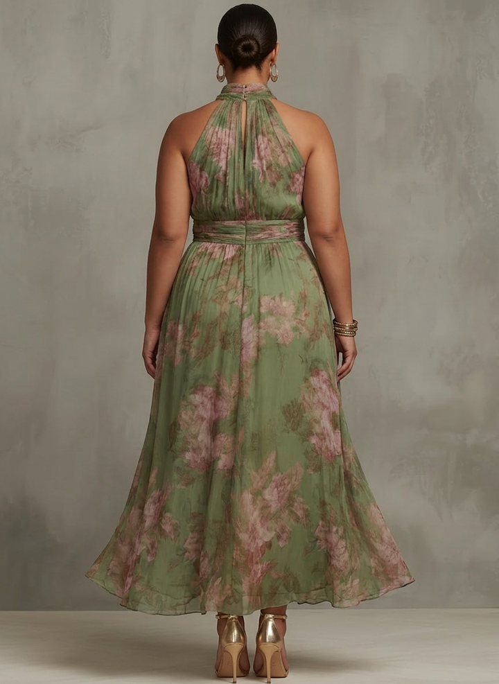 Amity | Groene Bloemen Chiffon Halter Maxi Jurk