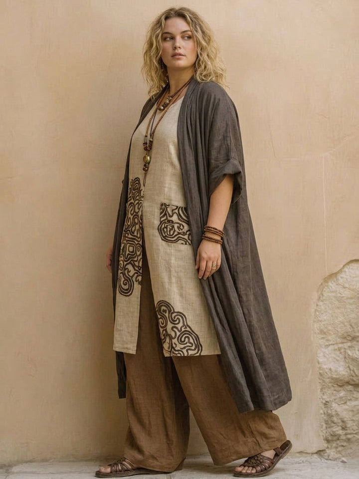 Alessia | Donkergrijs &amp; Bruin Tribale Print Drie-Delige Set