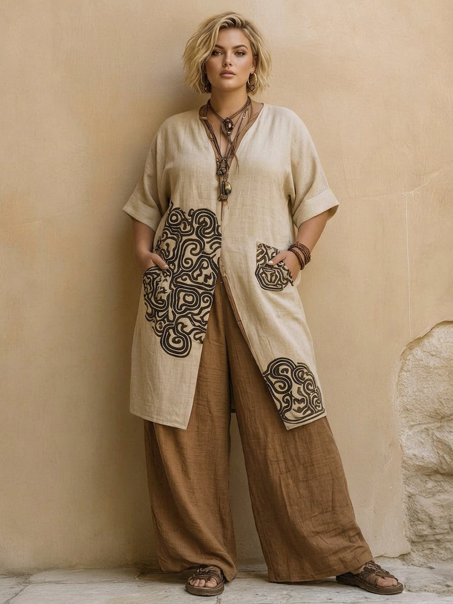 Alessia | Donkergrijs &amp; Bruin Tribale Print Drie-Delige Set
