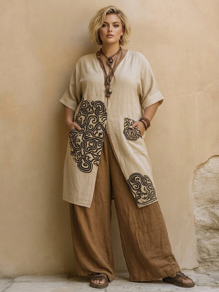 Alessia | Donkergrijs &amp; Bruin Tribale Print Drie-Delige Set