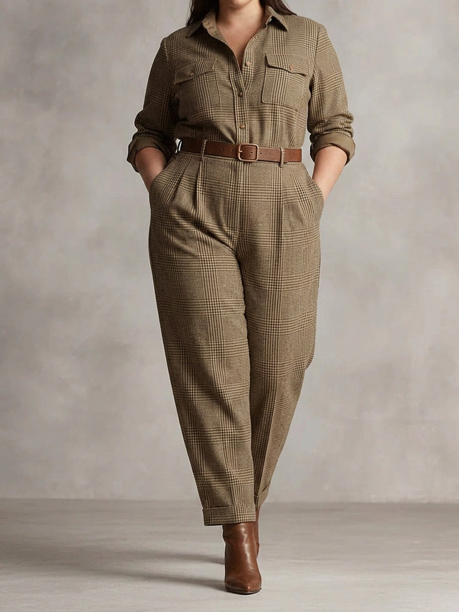 Alessia - Bruine Verfijnde Geruite Jumpsuit