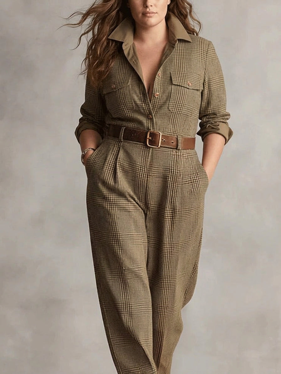 Alessia - Bruine Verfijnde Geruite Jumpsuit