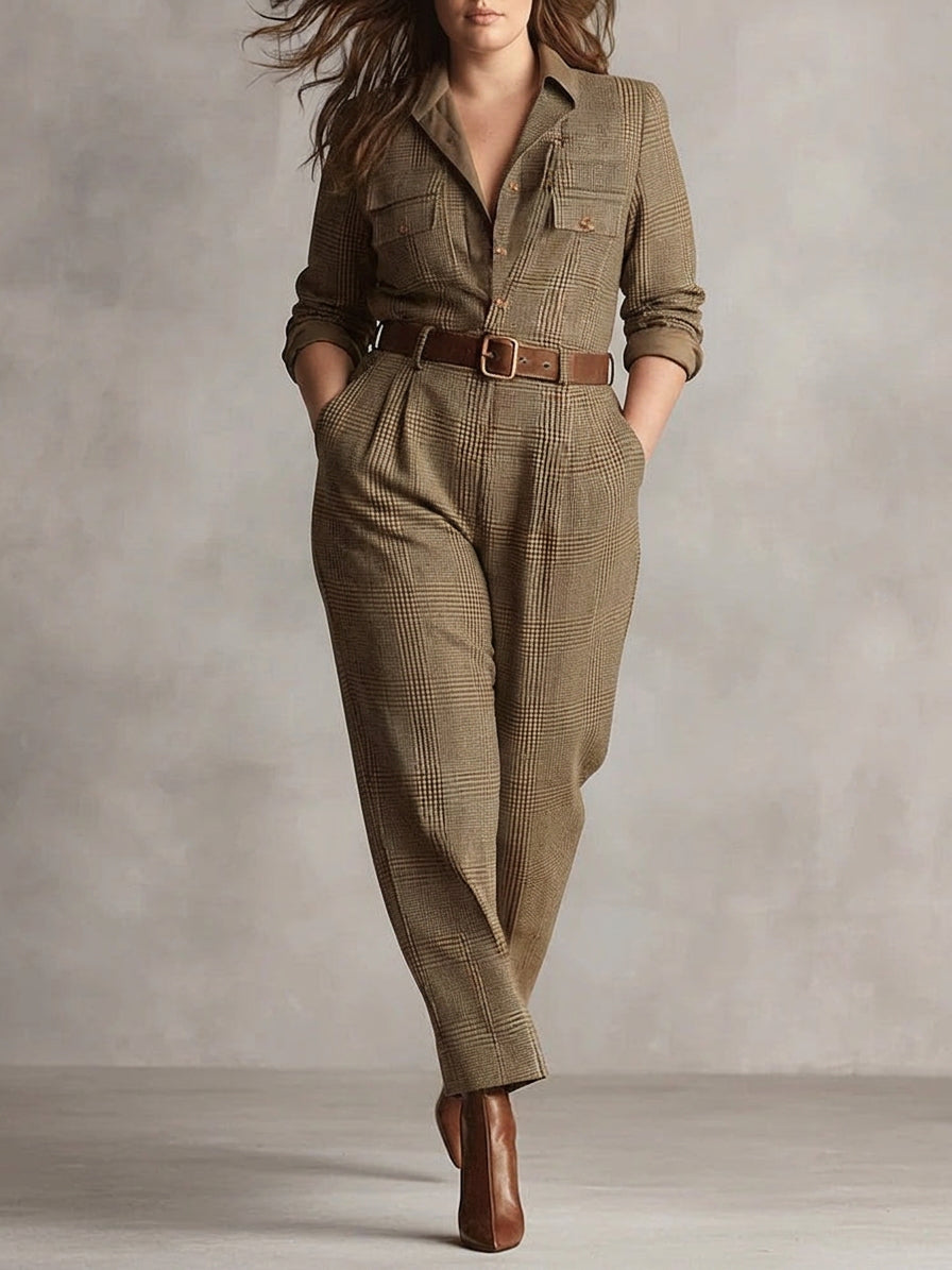 Alessia - Bruine Verfijnde Geruite Jumpsuit