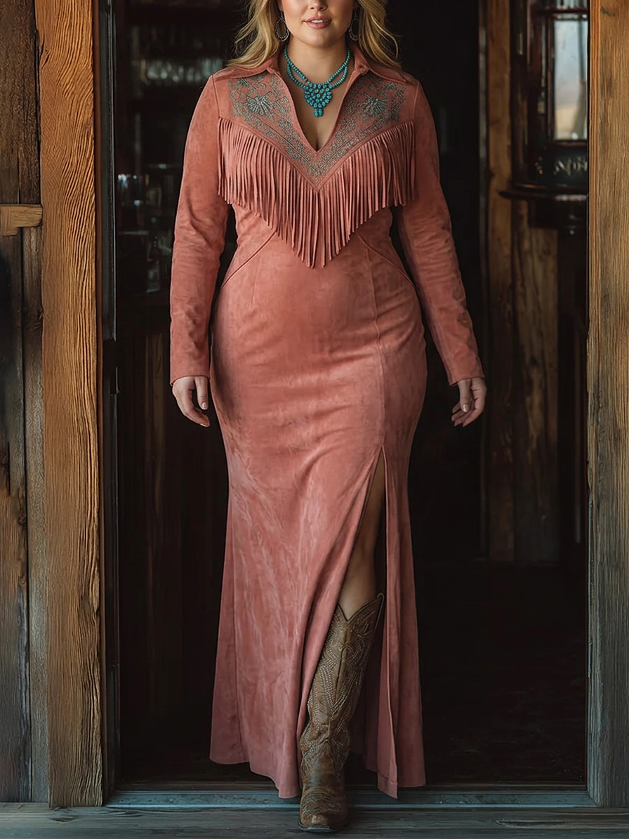Vintage Western Tassel Geborduurde Roze Faux Suede Maxi Jurk
