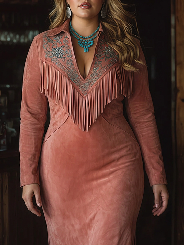 Vintage Western Tassel Geborduurde Roze Faux Suede Maxi Jurk