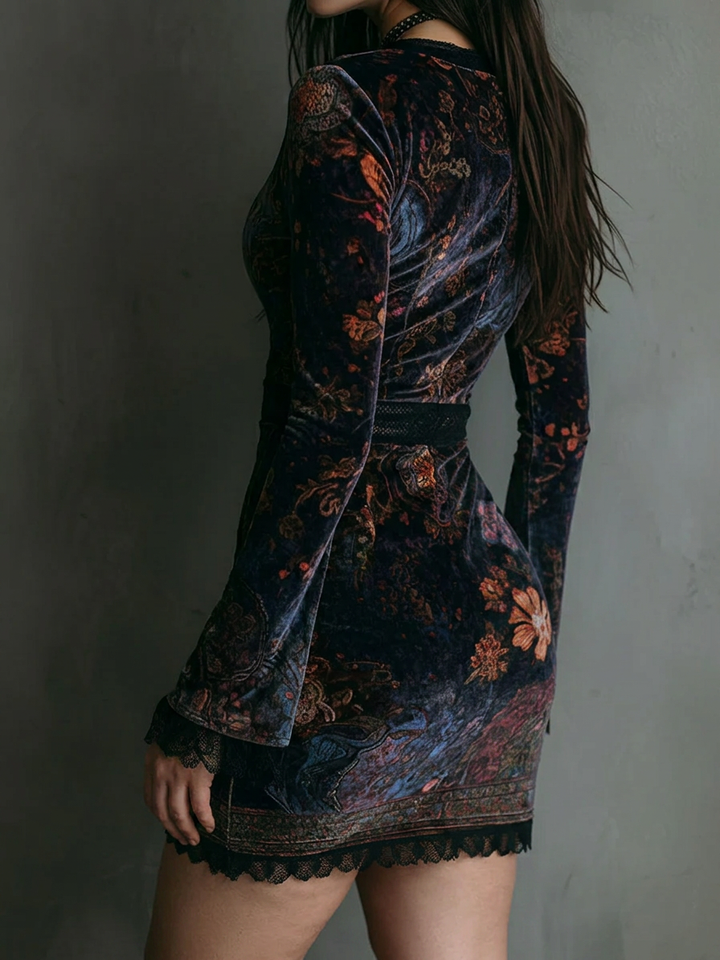 Nadia – Fluwelen Bloemen Mini Jurk