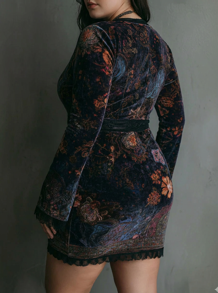 Yara | Bloemenprint V-Hals Fluwelen Lace Trim Slim-Fit Mini Jurk