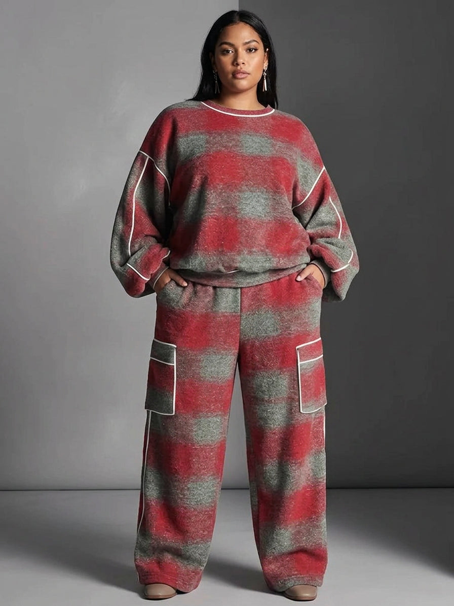Rood en Grijs Geverfd Kleurblok Sweatshirt en Casual Broek Twee-Stukken Set