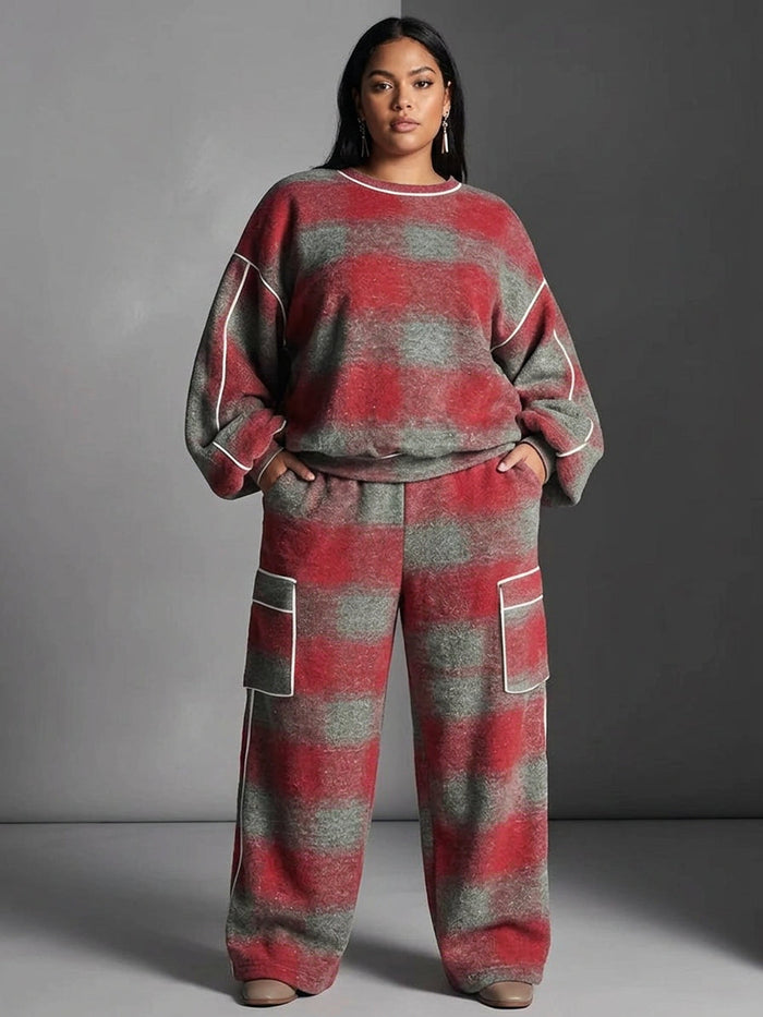 Rood en Grijs Geverfd Kleurblok Sweatshirt en Casual Broek Twee-Stukken Set