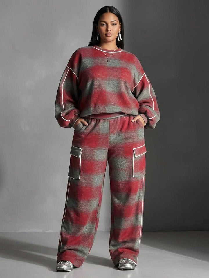 Rood en Grijs Geverfd Kleurblok Sweatshirt en Casual Broek Twee-Stukken Set