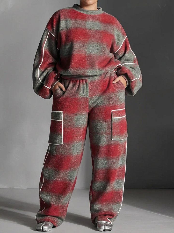 Rood en Grijs Geverfd Kleurblok Sweatshirt en Casual Broek Twee-Stukken Set