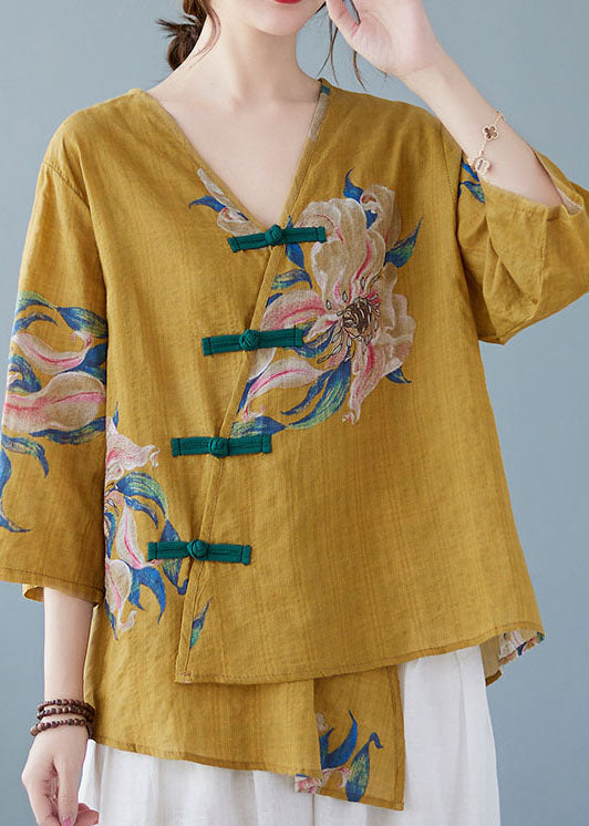 Pia - Gele Knop Blouse Tops Asymmetrische Halve Mouw