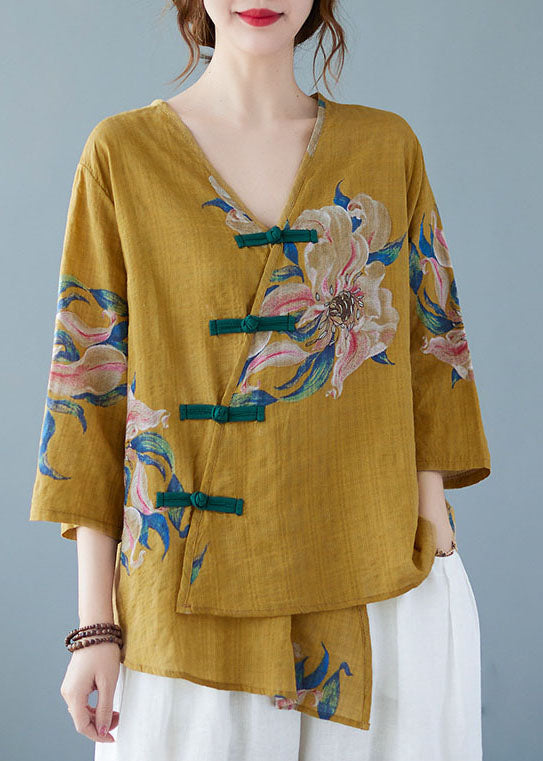 Pia - Gele Knop Blouse Tops Asymmetrische Halve Mouw