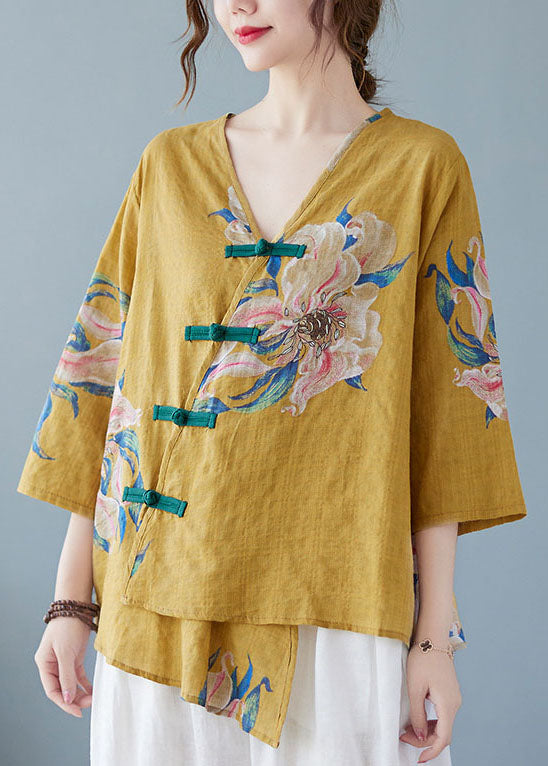 Pia - Gele Knop Blouse Tops Asymmetrische Halve Mouw