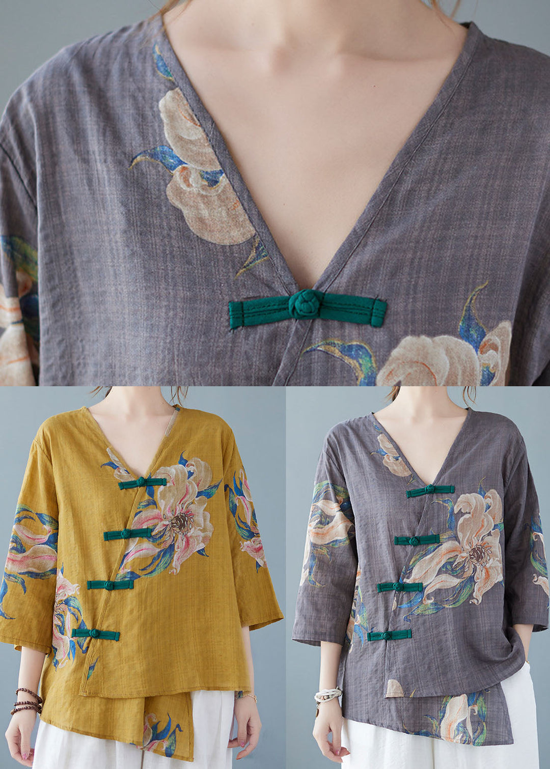 Pia - Gele Knop Blouse Tops Asymmetrische Halve Mouw