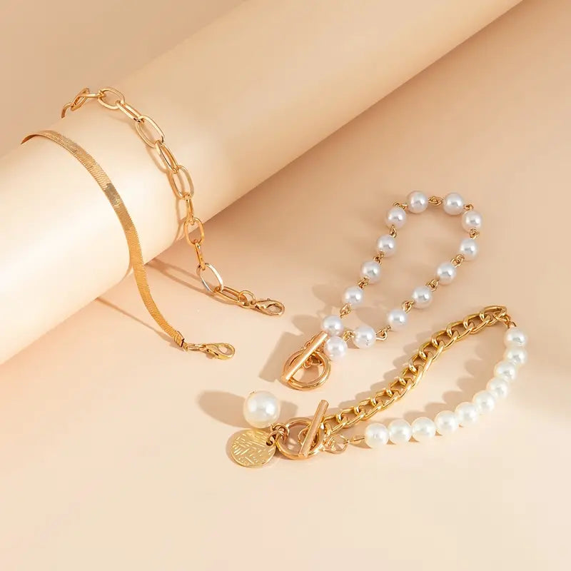 Fauna Gold 4-delige Armband Set - Slang, Parels &amp; Schakels | Goud