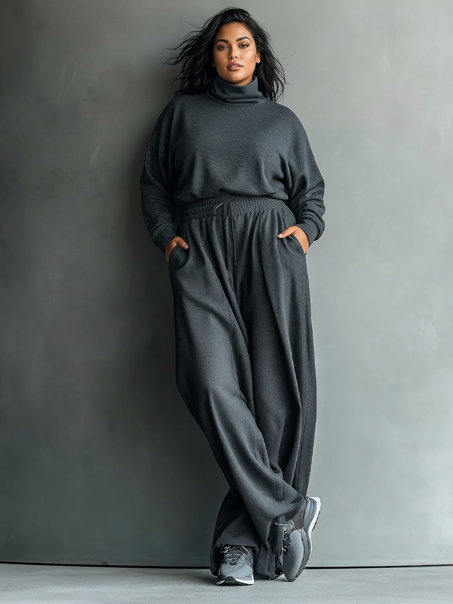 Dames Charcoal Breiset met Hoge Hals en Wijde Broek
