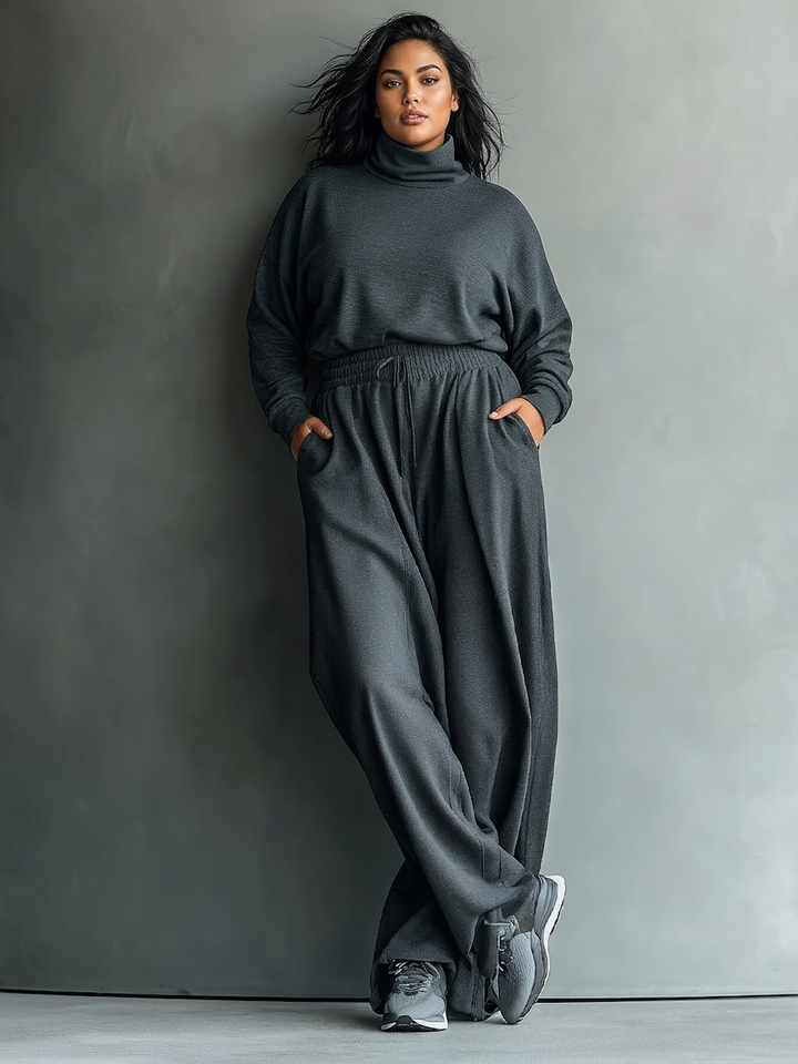Dames Charcoal Breiset met Hoge Hals en Wijde Broek