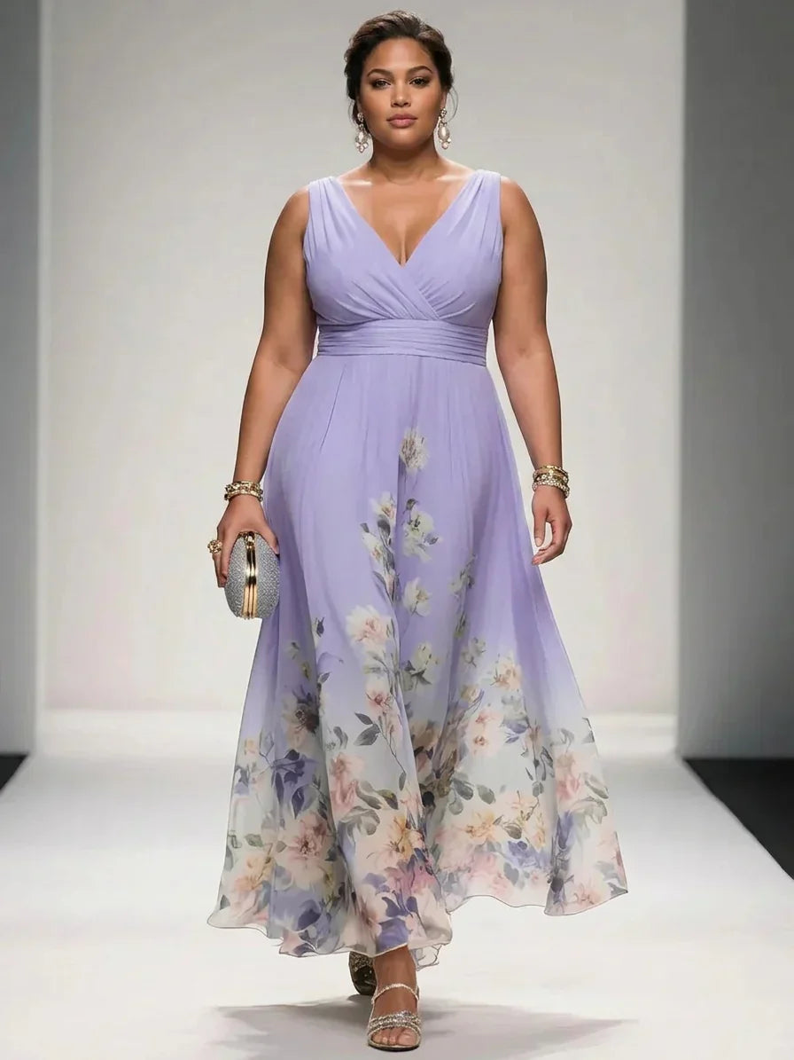 Salma | Lichtblauwe Bloemen Chiffon V-Hals Maxi Jurk