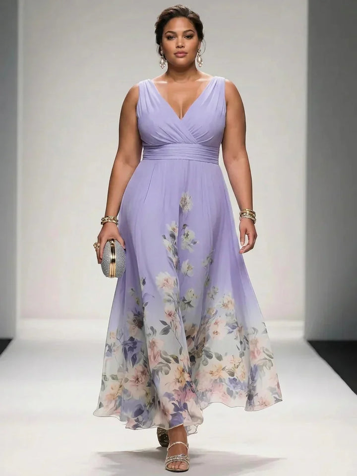 Salma | Lichtblauwe Bloemen Chiffon V-Hals Maxi Jurk
