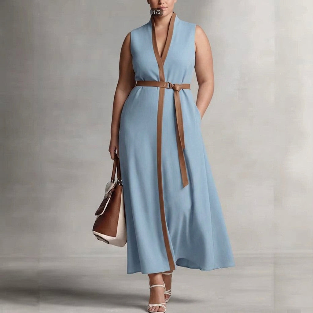 Delphine Contrast Mouwloze Jurk: Moeiteloze Kantoor Elegantie