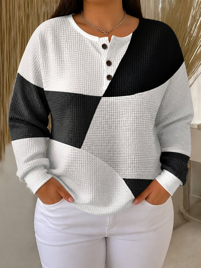 Dames Colorblock Trui met Henley Knoopsluiting
