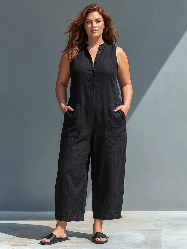 Mouwloze Minimalistische Jumpsuit voor Vrouwen met Hoge Kraag en Knopen