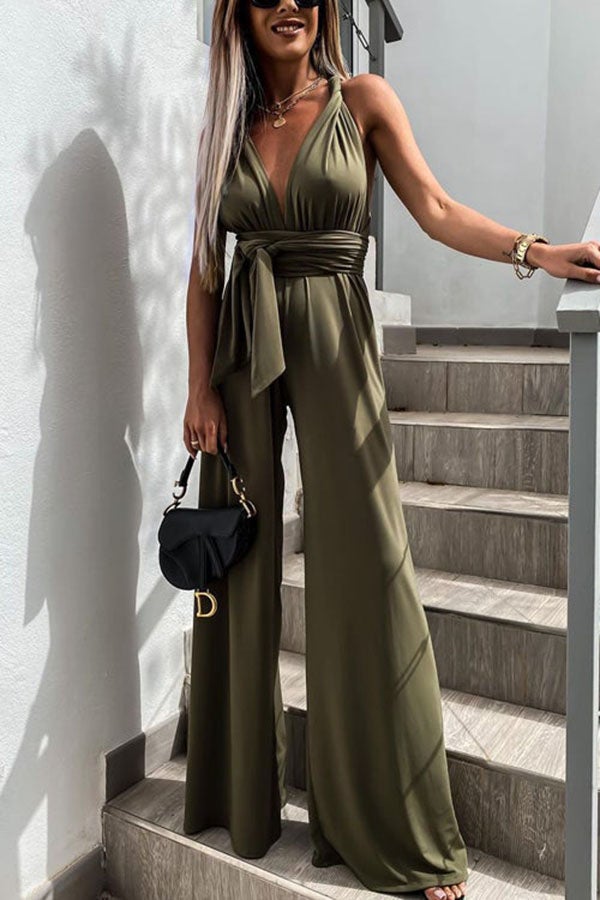Edith - Effen Kleur Slim V-Hals Lace-Up Mouwloze Jumpsuit