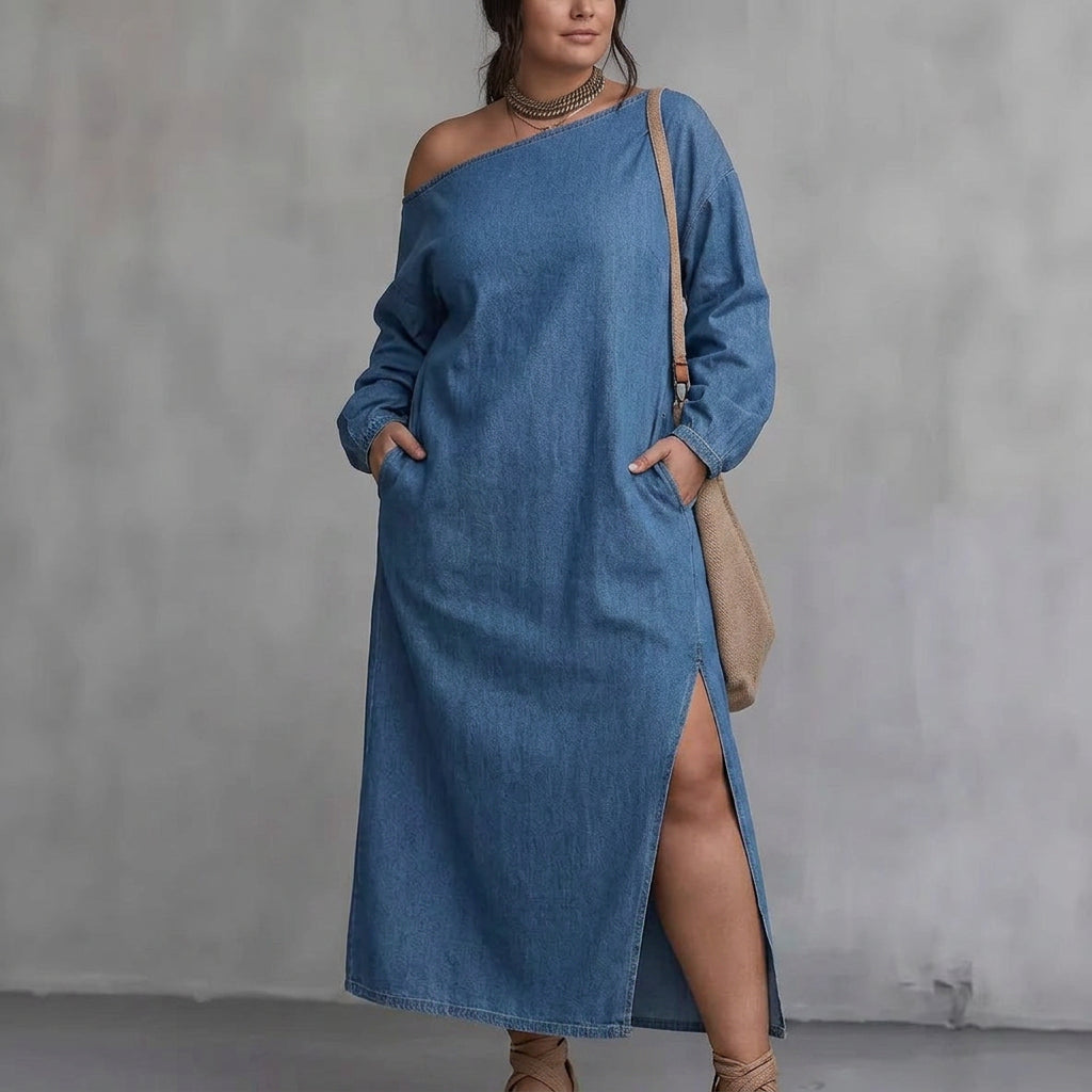 Kaia Off-Shoulder Split Jurk: Moderne Minimalistische Elegant