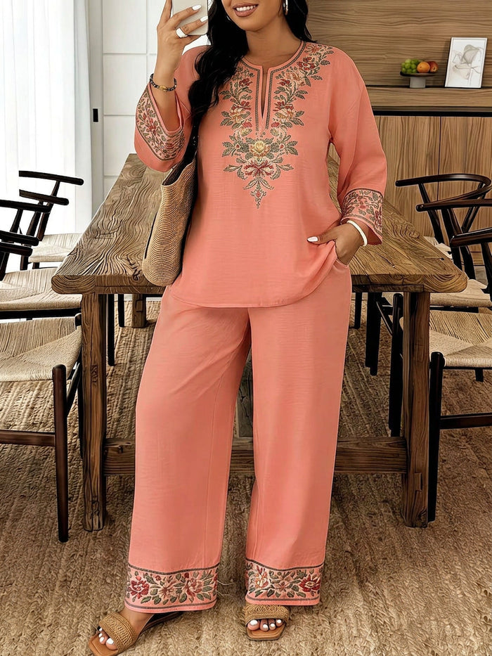 Dames Geborduurd Loungewear Set Tweestuksset met Lange Mouwen