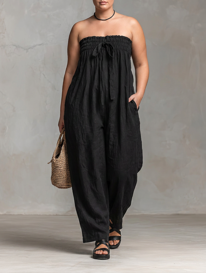 Vera - Losse Linnenmix Strapless Jumpsuit