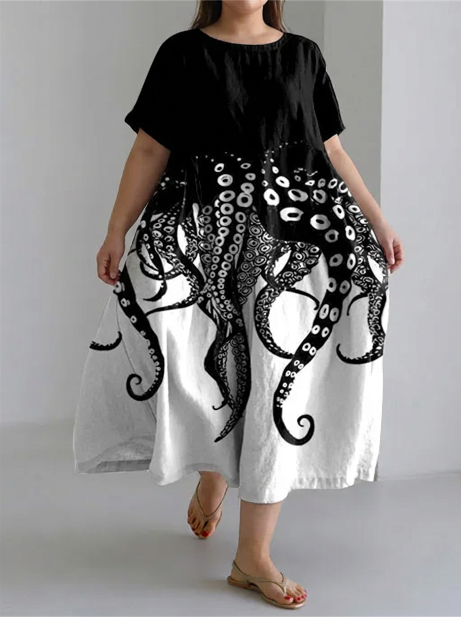 Coraline | Tentakel Liefhebber Essentiële Contrastprint Korte Mouwen Jurk