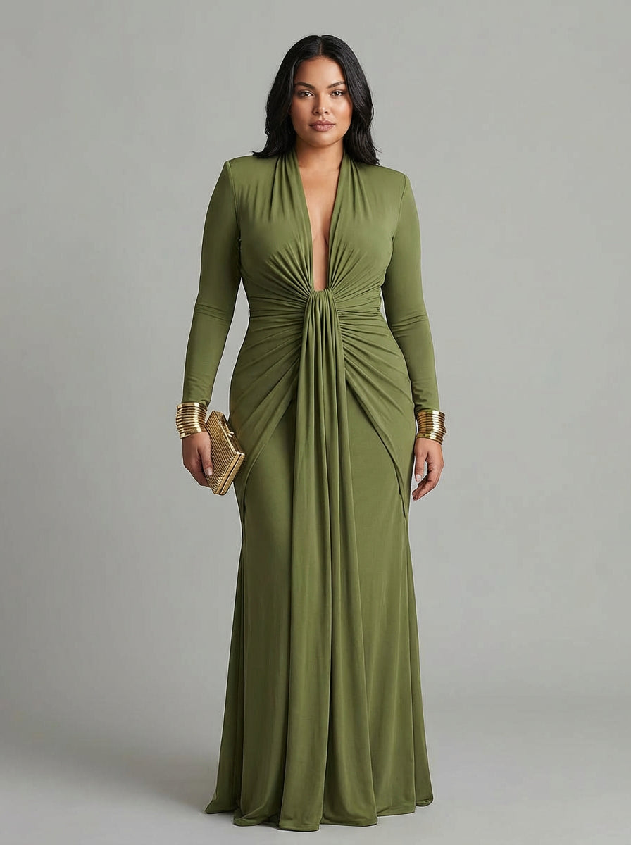 Petra Groene Lange Jurk in Stretchzijde met Diepe V-Hals en Rimpeldetails, Glamour Maxi Jurk