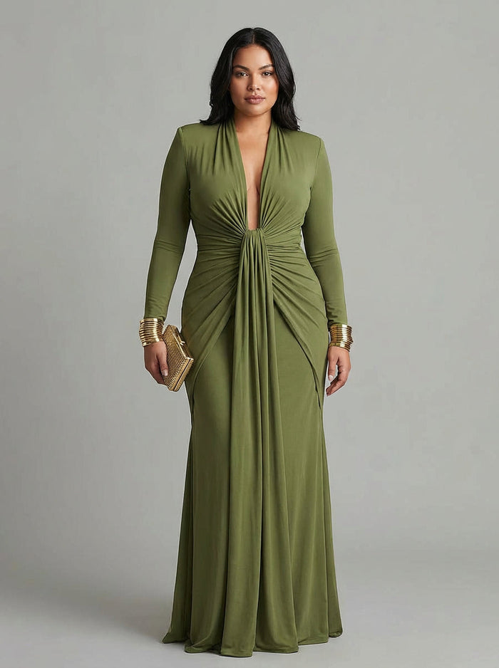 Petra Groene Lange Jurk in Stretchzijde met Diepe V-Hals en Rimpeldetails, Glamour Maxi Jurk