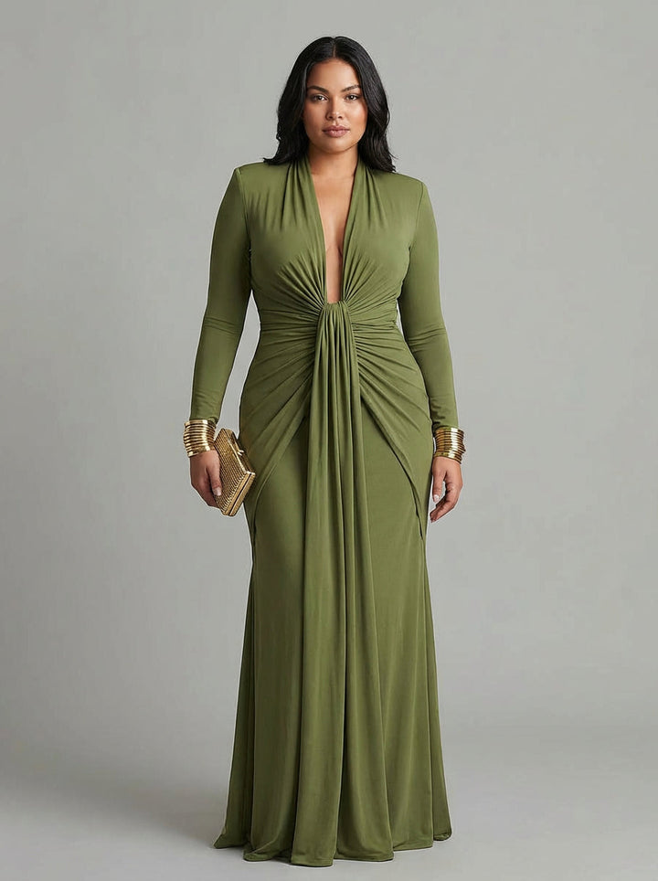 Petra Groene Lange Jurk in Stretchzijde met Diepe V-Hals en Rimpeldetails, Glamour Maxi Jurk