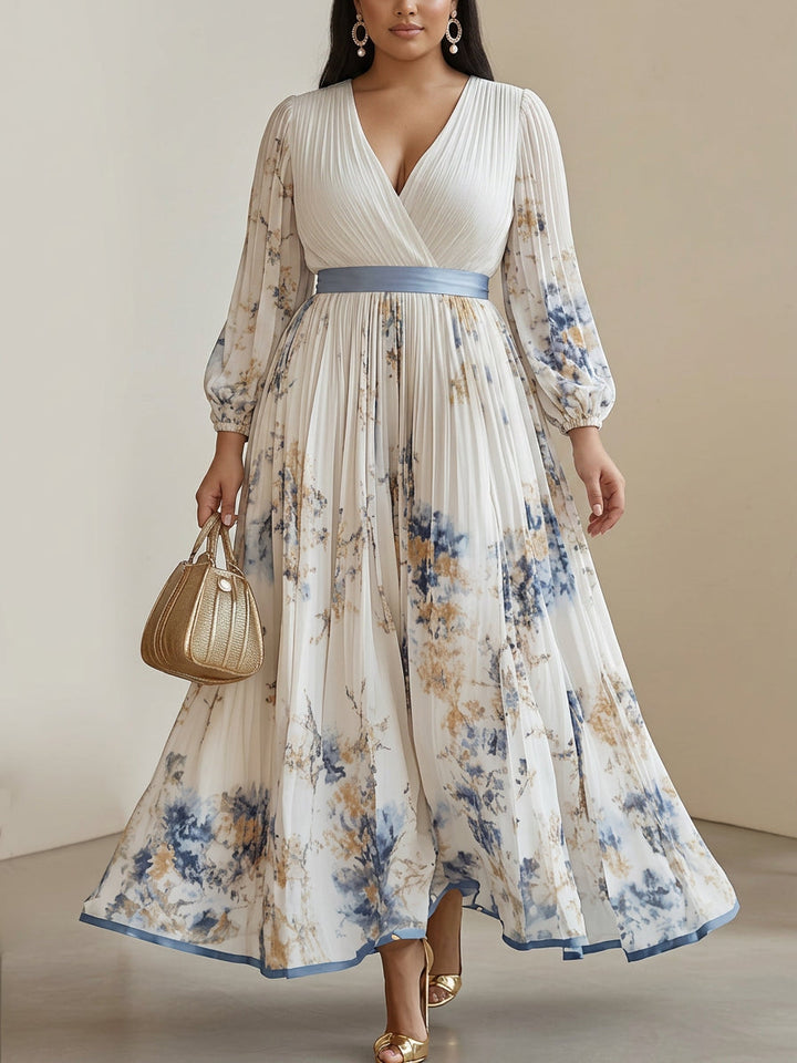Kaia | Witte Bloemige Chiffon Maxi Jurk met Ballonmouwen