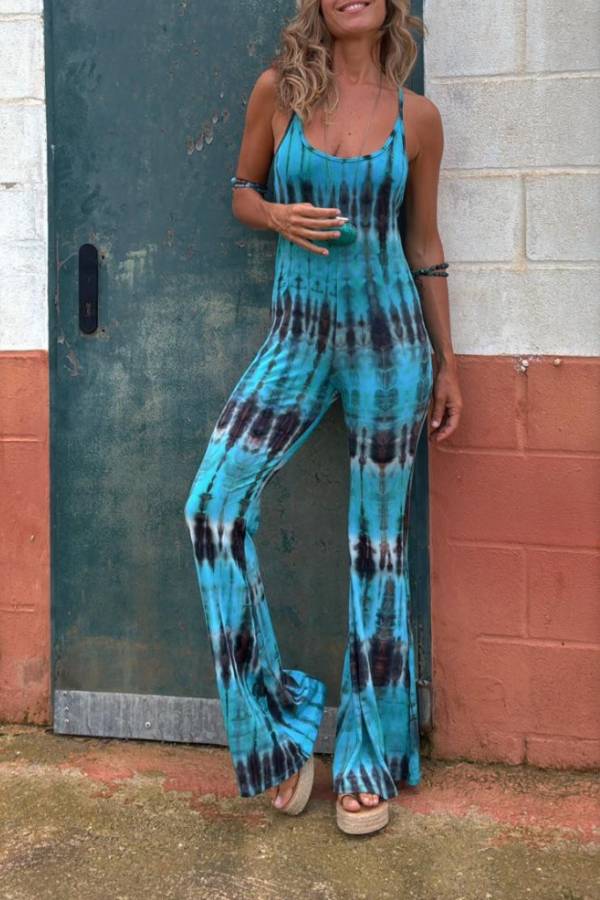 Ula Stijl Tie-dye Print Rugloze Touwsluiting Stretch Flared Jumpsuit