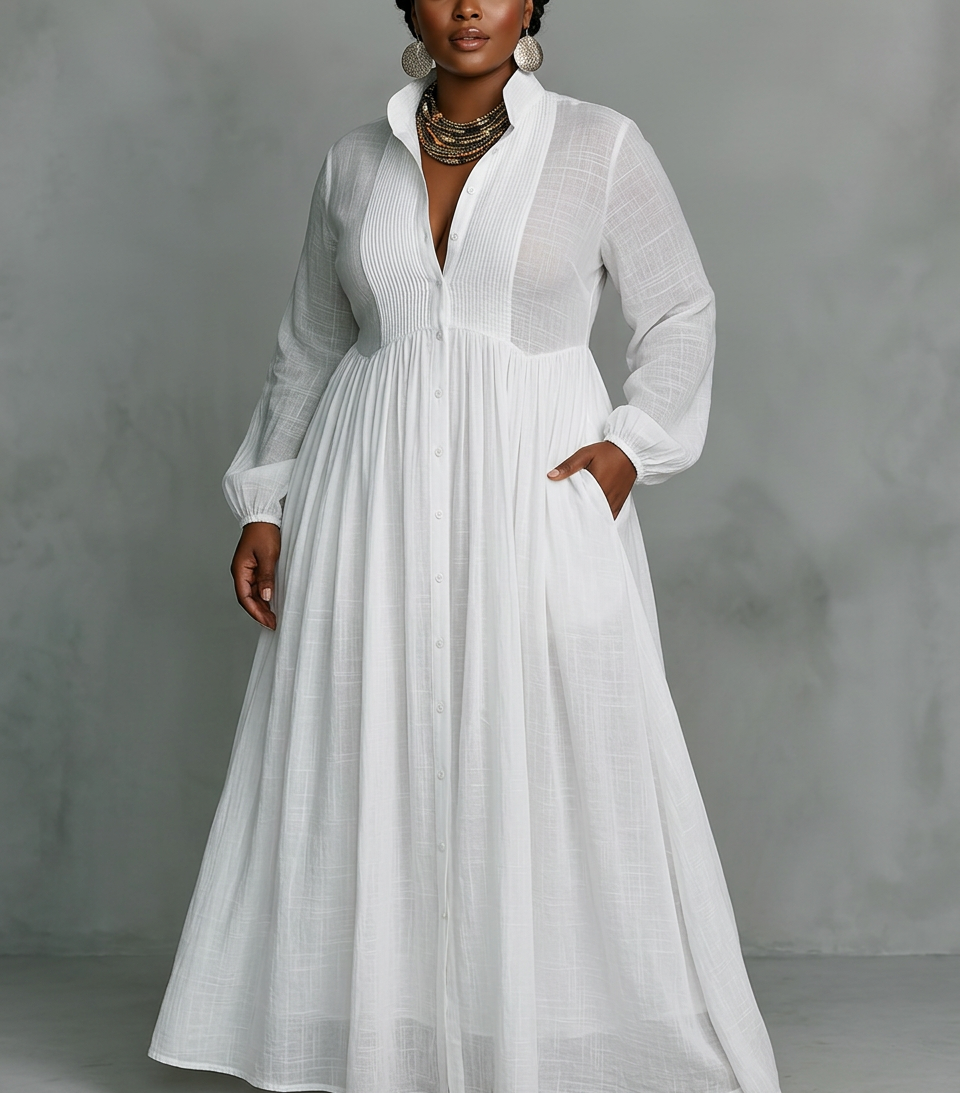 Vera - Maxi Minimalistische Jurk met Patchwork, Hoge Kraag en Lange Mouwen