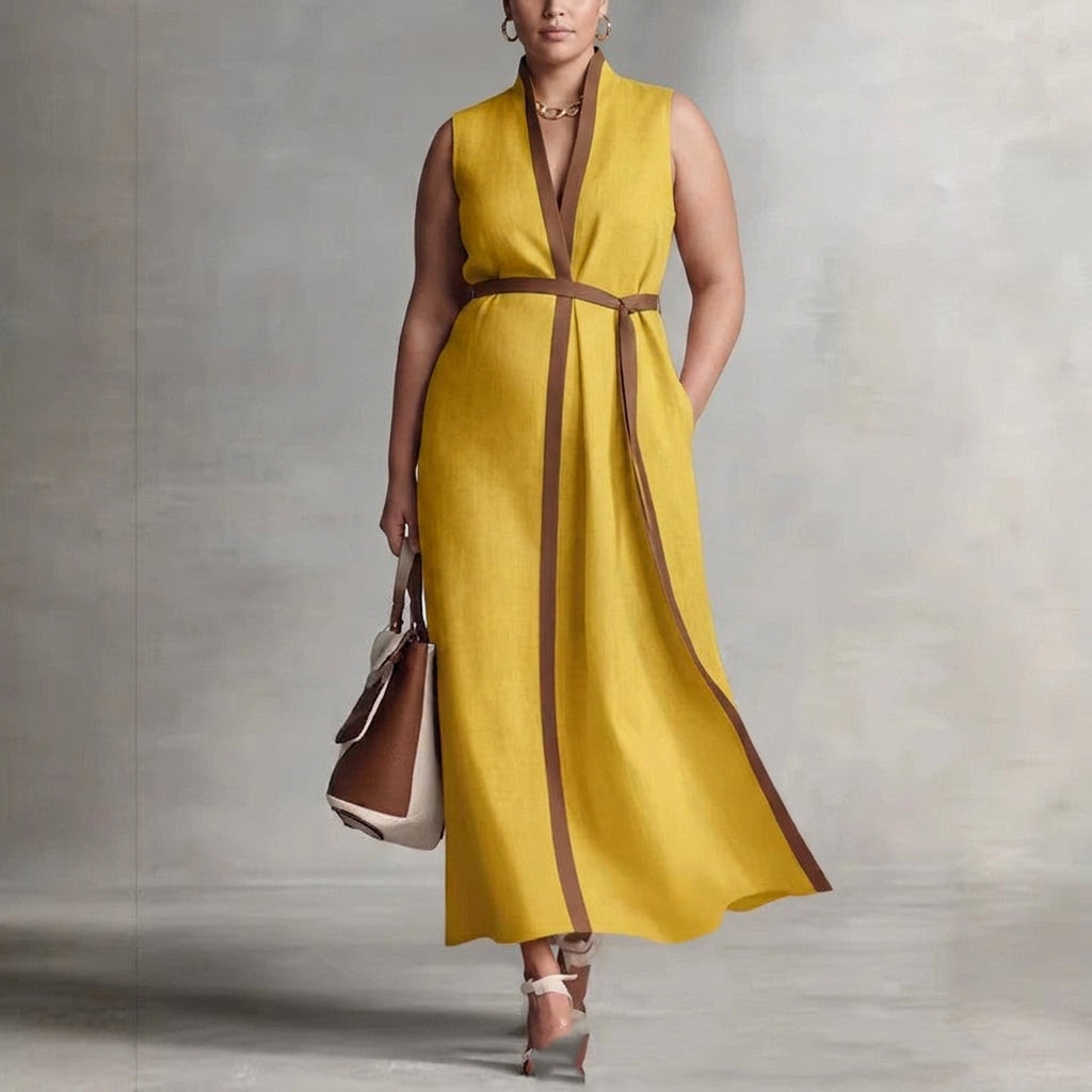 Delphine Contrast Mouwloze Jurk: Moeiteloze Kantoor Elegantie
